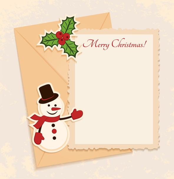 Congratulation gold retro background with snowman, holly and letter. You can use frame for your text or photo - Vetor, Imagem