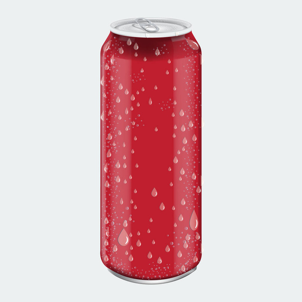 Bebida de alumínio de metal vermelho com gotas de água. Mockup para embalagem de produtos. Bebida energética pode 500ml, 0,5L
. - Vetor, Imagem