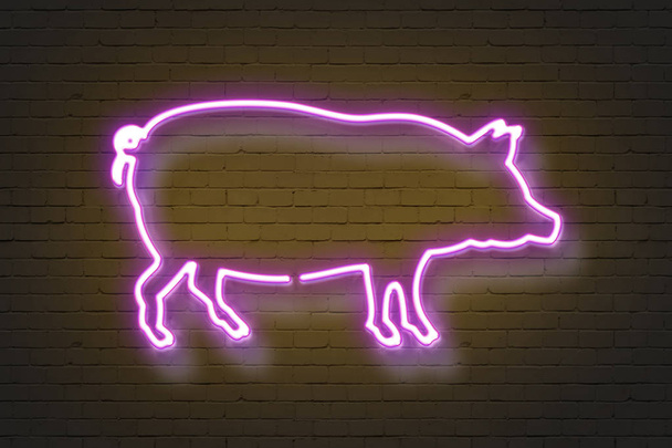 Schwein, Leuchtreklame an Ziegelwand - Foto, Bild