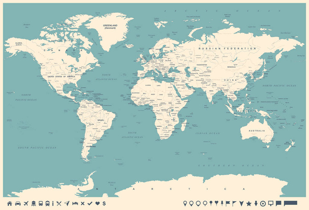 Винтажная карта мира и маркеры - иллюстрация
 - Вектор,изображение