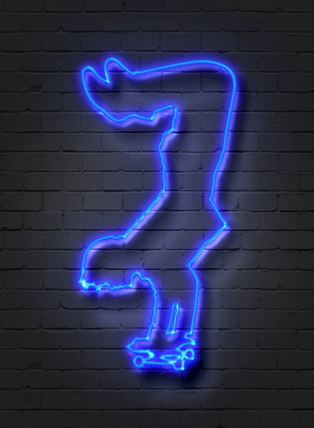 Skateboarder, sinal de néon na parede de tijolo
 - Foto, Imagem