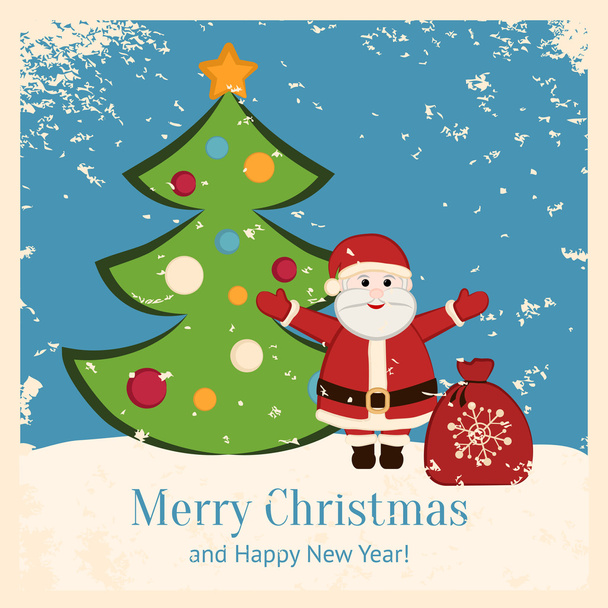 Retro Christmas card with happy Santa and fir - Vector, Image