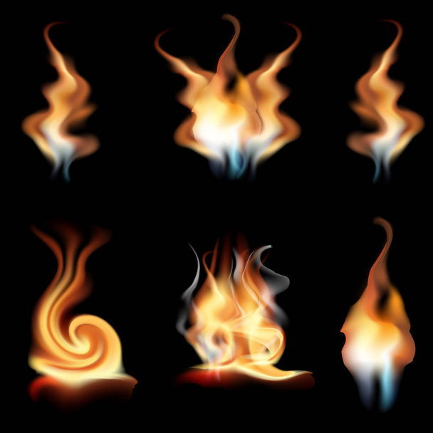 vector realista fuego llamas colección aislada sobre fondo negro. Brotes ardientes de efecto llama con destellos
 - Vector, imagen
