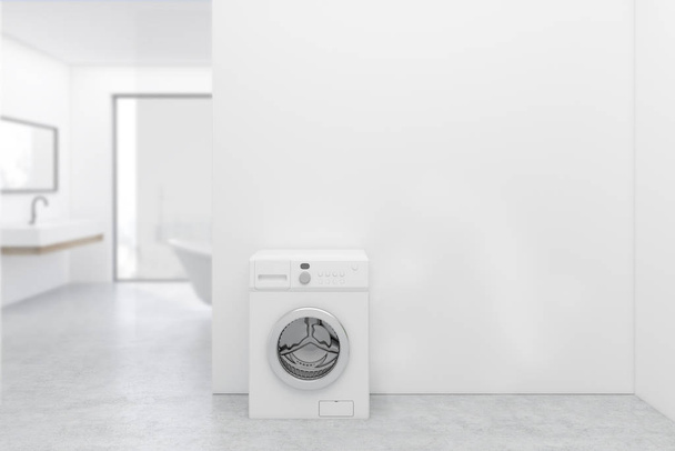 White floor bathroom and a washing machine - Fotoğraf, Görsel