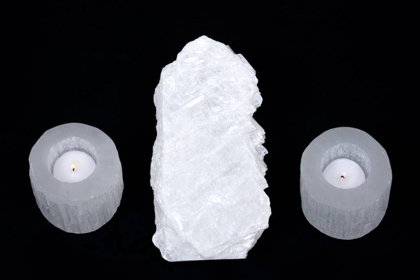 White mexican fish tail selenite and selenite cylinder tea light holder - Photo, Image