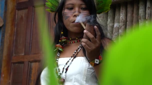 Καπνοσύριγγες αυτόχθονες γυναίκα σε μια φυλή Γκουαρανί Tupi, Βραζιλία - Πλάνα, βίντεο
