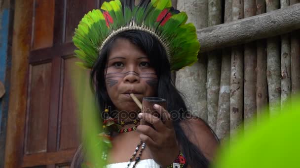 Rdzennych kobieta fajek w Tupi plemienia Guarani, Brazylia - Materiał filmowy, wideo