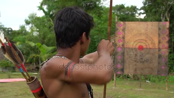Kotimainen mies Tupi Guarani heimo Bow & Arrow, Brasiliassa
 - Materiaali, video