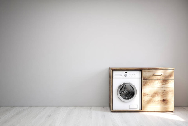 Gray room with a washing machine, white floor - Fotoğraf, Görsel