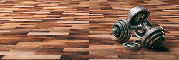 Dumbbells on a wooden floor. 3d illustration - Photo, Image