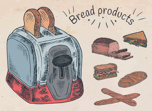 パン製品。朝食に最適。トースターとパン. - ベクター画像