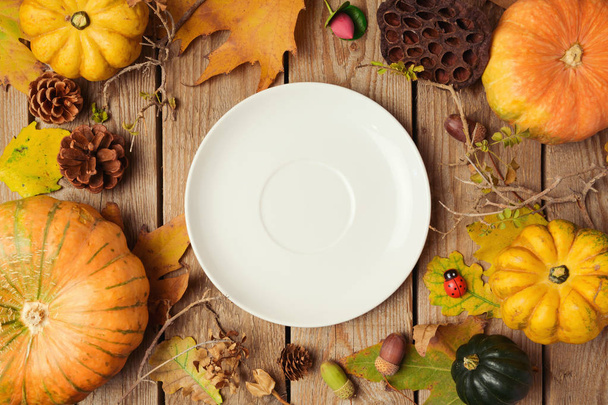Autumn background with plate - Photo, Image