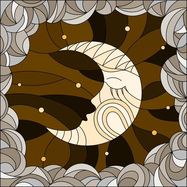 Illustration im Glasmalereistil mit dem fabelhaften Mond mit einem Gesicht gegen Himmel und Wolken, Sepia, monochrom - Vektor, Bild