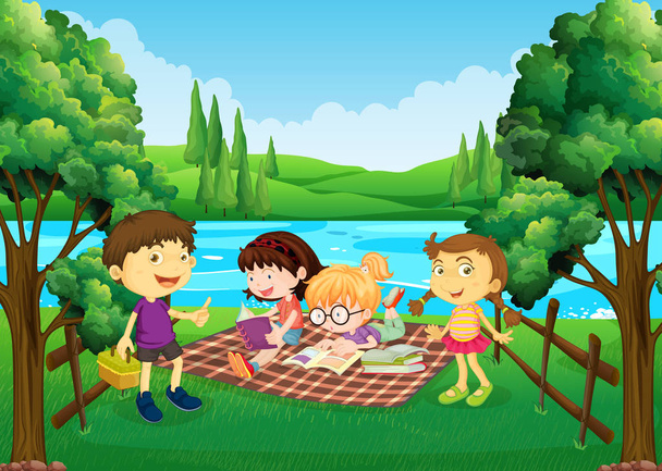 Τα παιδιά έχουν πικ-νικ δίπλα στο ποτάμι - Διάνυσμα, εικόνα