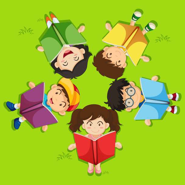 Dzieci, czytanie książki na zielonej trawie - Wektor, obraz