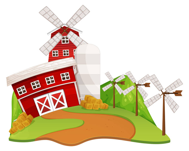 Farm scene with barn and windmill - Vector, afbeelding