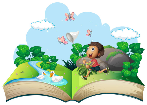 Little boy catching butterfly in the park - Vector, Image