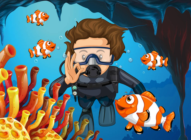 Buceador buceando bajo el agua con peces payaso
 - Vector, imagen