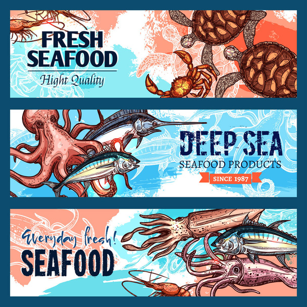Векторные баннеры на рынке морепродуктов или рыбном ресторане
 - Вектор,изображение