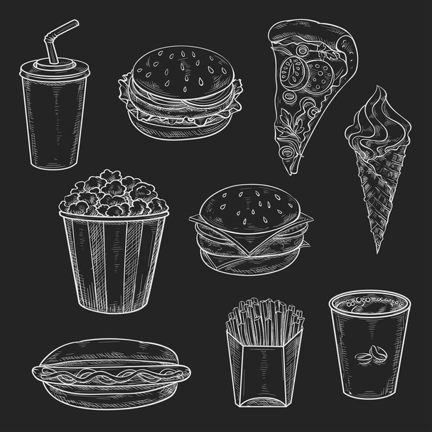 Fast food meals vecor icons set of chalk sketch - Vector, Image