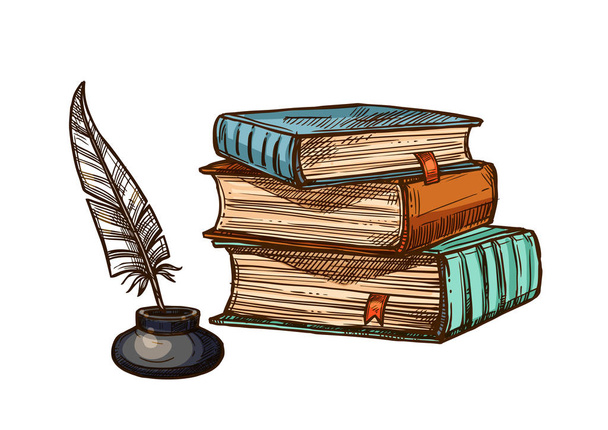 Vector old books and ink feather quill pen - Vector, Image