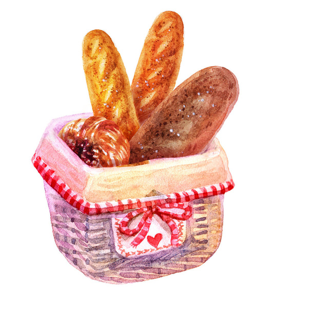Watercolor hand drawn wicker basket with baguette, roll and rye bread illustration isolated on white background. Vintage Bread basket design close up. Provence style - 写真・画像