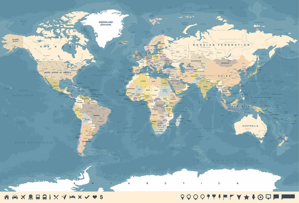 Vintage Dünya Haritası ve işaretleri - vektör çizim - Vektör, Görsel