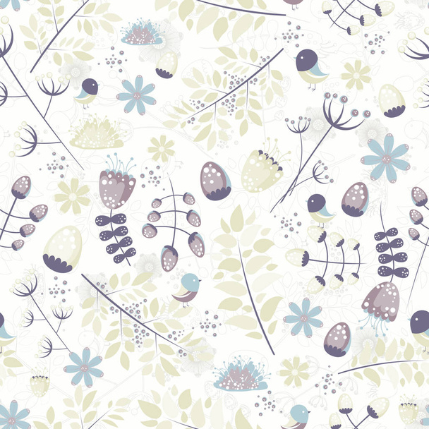 Light fresh seamless pattern with birds, leaves, flowers - Vektori, kuva