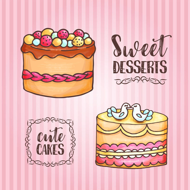 Cakes illustration. Pastry and bakery background. Vector design for baker shop, cafe. - Vektor, Bild