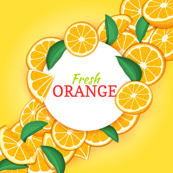 Kulatý bílý rám na citrusové oranžové diagonální kompozice pozadí. Vektorové ilustrace karet. Mandarinkové rám, oranžové plody a listy pro obalový design detox, kosmetika krém, marmeláda, šťáva - Vektor, obrázek