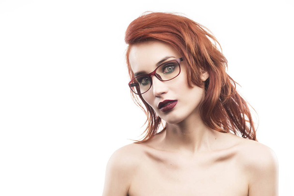 Eyewear glasses woman portrait isolated on white. Spectacle fram - Fotó, kép