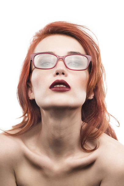 Eyewear glasses woman portrait isolated on white. Spectacle fram - Zdjęcie, obraz