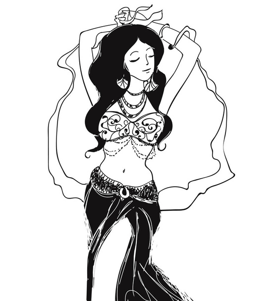 Vector oriental bellydance, arabian tribal dancing woman - Vektör, Görsel