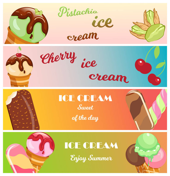 Collection of ice cream banners sweet dessert cold food vector illustrations. - Вектор,изображение
