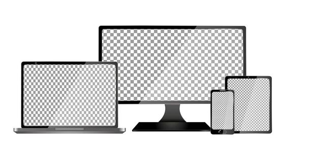 Realistic Computer, Laptop, Tablet and Mobile Phone with Transparent Wallpaper Screen Isolated. Set of Device Mockup Separate Groups and Layers. Easily Editable Vector. - Vector, Image