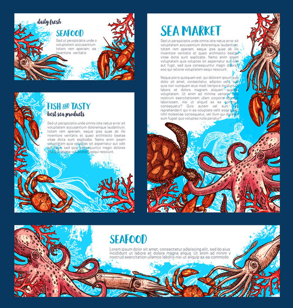 Διάνυσμα αφίσες ή πανό για αγορά θαλασσινών ψαριών - Διάνυσμα, εικόνα