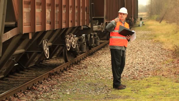 Bahnmitarbeiter mit Ordner in der Nähe der Waggons - Filmmaterial, Video