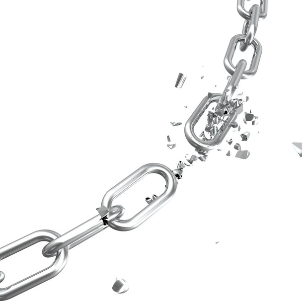 Kırık çelik, Özgürlük kavramı kırık metal zincir bağlar. Bozulma güçlü çelik. 3D çizim - Fotoğraf, Görsel
