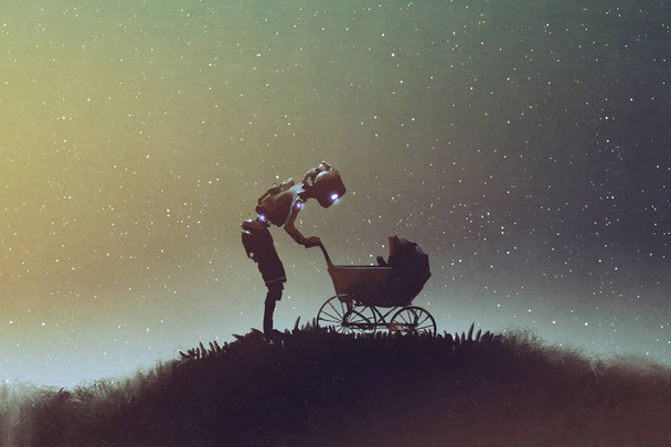 Робот смотрит на ребенка в коляске против звездного неба
 - Фото, изображение