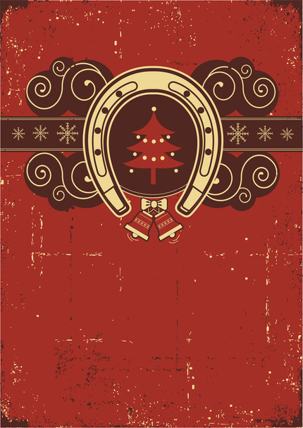 Vintage red Christmas background with horseshoe and tree - ベクター画像