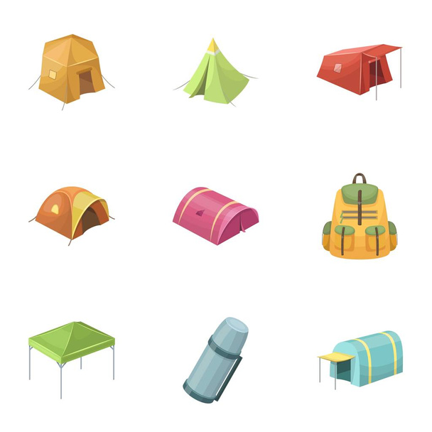 Various kinds of tents and other tourist accessories. The tent set collection icons in cartoon style vector symbol stock illustration web. - Vector, afbeelding