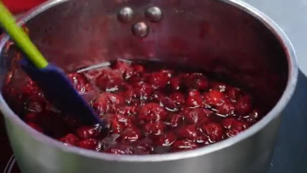 Closeup stirring cherry jam with spoon in metal saucepan. Close up of simmering homemade cherry jam. Cooking Homemade Cherry Jam - Πλάνα, βίντεο
