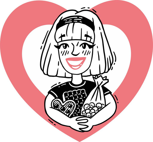 κοπέλα που κρατά πολλή καρδιά γλυκά - Διάνυσμα, εικόνα