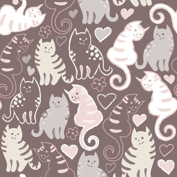 Χωρίς ραφή πρότυπο με χαριτωμένο καρτούν doodle γάτες σε καφέ φόντο. Πολύχρωμα μικρά γατάκια. Αστεία ζώα. Παιδική εικονογράφηση. Διανυσματική εικόνα. - Διάνυσμα, εικόνα