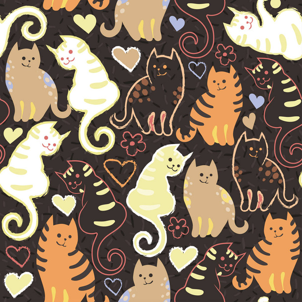 Seamless pattern with cute cartoon doodle cats on brown background. Little colorful kittens. Funny animals. Childrens illustration. Vector image. - Vetor, Imagem