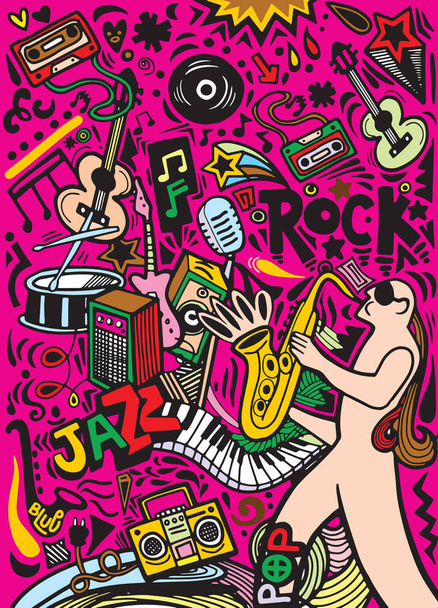 hand drawn doodles musical poster template.Abstract Music Backgr - Vector, Image