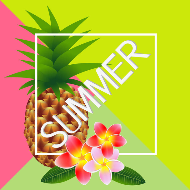 Καλοκαίρι banner, λουλούδια frangipani (Πλουμέρια) με ανανά. - Διάνυσμα, εικόνα