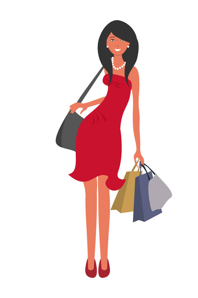 fille en robe rouge avec des sacs à provisions
 - Vecteur, image