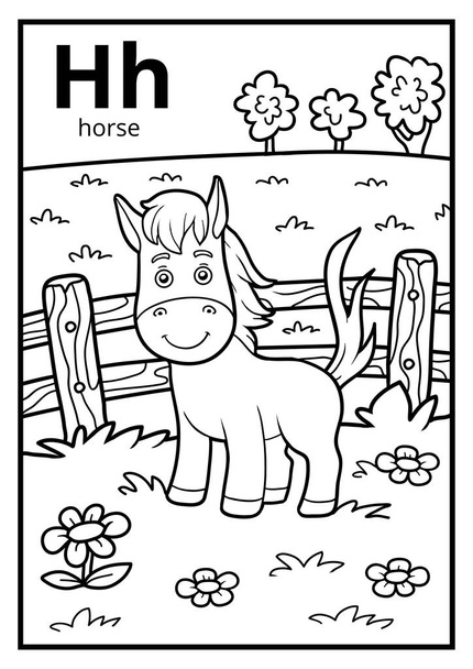 Coloring book, colorless alphabet. Letter H, horse - Vector, Image