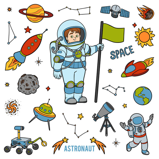 Vektor s astronaut a prostor objektů. Kreslené položky - Vektor, obrázek